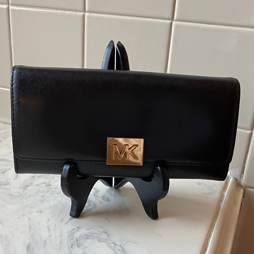 Michael Kors Black Leather Clutch with Gold Logo